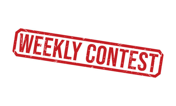 A red rectangular rubber stamp texture with the words WEEKLY CONTEST on a clean white background