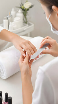 Manicurist using a nail file to shape a client's fingernails during a relaxing manicure service in a bright and clean beauty salon setting