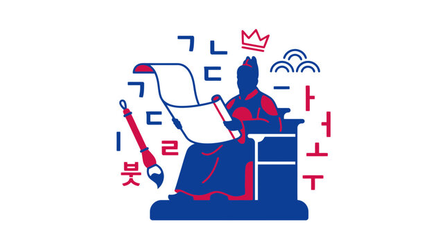 King Sejong the Great and Hangul Korean Alphabet Illustration