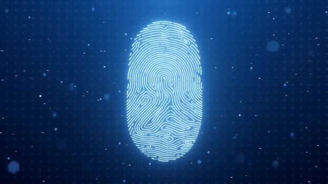 A vibrant digital representation of a fingerprint illuminated against a dark blue background with particles