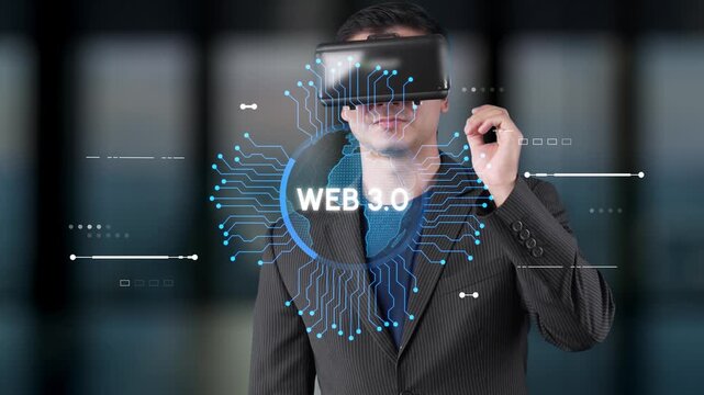 Futuristic Businessman Engaged in Virtual Reality Experience with Digital Technology and Web 3.0 Concept Representations in Modern Office Setting. Entropy.