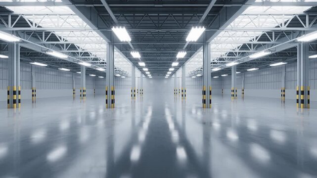 Turn on lights in the empty dark industrial factory, interior of warehouse, 3d rendering.