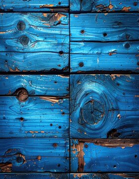 Close-up texture of weathered blue wooden planks with peeling paint and visible wood grain.