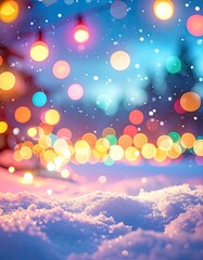 Fototapeta premium Festive bokeh lights twinkle over a snowy landscape.