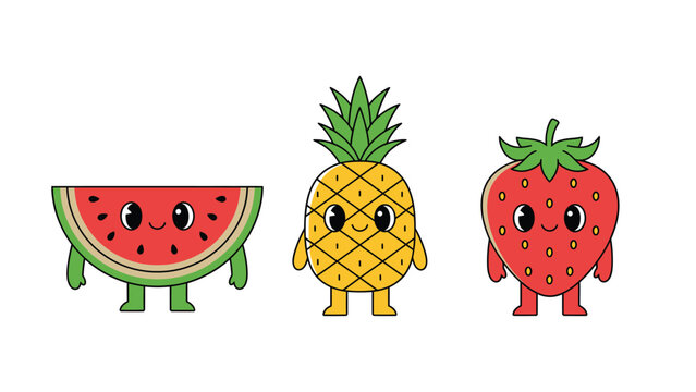 Cute cartoon fruits characters: watermelon, pineapple, and strawberry with happy faces and small legs, isolated on white background.