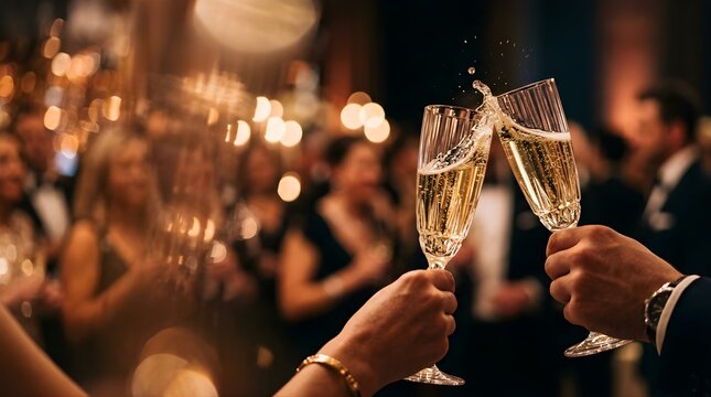 People clinking champagne glasses for a toast at a formal evening event