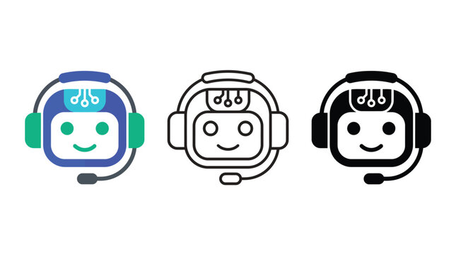 AI customer service bot icon set with artificial intelligence headset for automated virtual assistant support chat helper and contact center technology