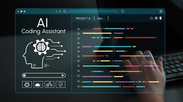 AI Coding Assistant Interface with a Hand on a Keyboard and Visual Coding Elements Illustrating Innovative Technology and Development Concepts. Entropy.