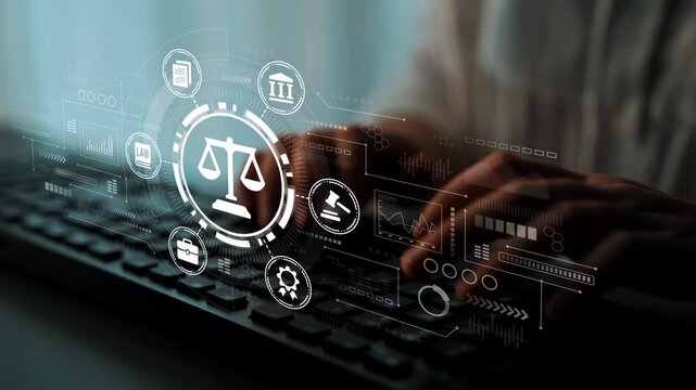 Modern Digital Law Concept with Scales of Justice, Technology, and Data Analysis, Representing Legal Technology, Law Practice, and Justice System. Entropy.