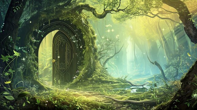 Sun-dappled, moss-covered forest archway guiding toward a mysterious glowing portal