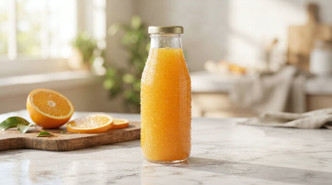 Fresh Orange Juice Glass Bottle Mockup with Water Drops on Kitchen Table
