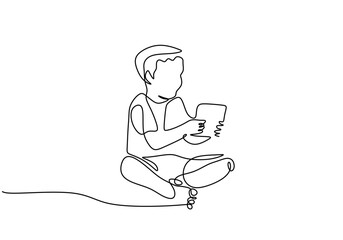 Little Boy Playing With Tablet and Smartphone Sitting on Floor in Single Line Art.