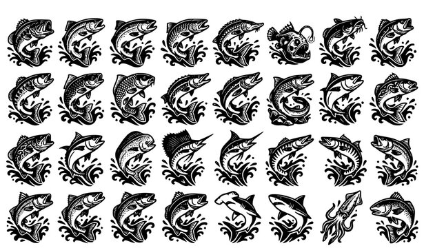 SEO Title:
Black and White Leaping Fish Tattoo Vector Pack with Traditional Flash Style Illustrations Isolated on Solid White Background