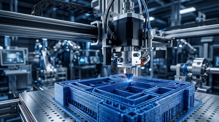 Fototapeta premium Precision Industrial 3D Printer Extruder Head Printing Blue Prototype Part in Automated High-Tech Factory