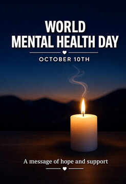 Inspirational world mental health day poster with candle and sunset for hope and support awareness campaign