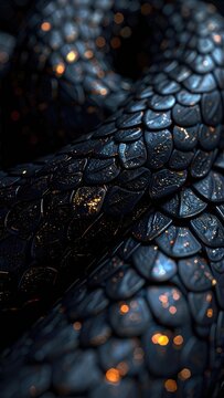 Close-up view of dark, textured scales with golden flecks and bokeh.