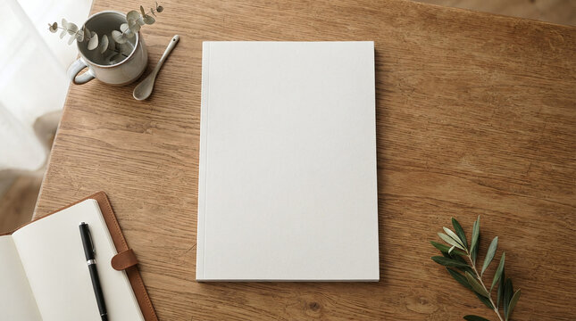 Blank Magazine Book Cover Mockup Top View on Wooden Table Minimalist Desk Scene