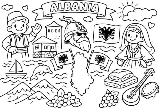Albanische Wahrzeichen als Cartoon-Umriss, handgezeichnete Linienkunst-Illustration, Doodle-Kunst-Malvorlage f&uuml;r Kinder