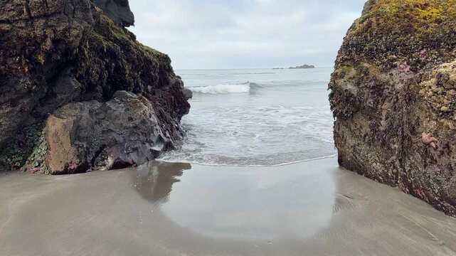 A minus tide (low tide) at Harris Beach in Brookings, Oregon, on a summer morning.