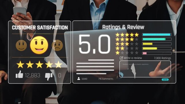 This image showcases a digital overview of customer satisfaction ratings, featuring five-star reviews and user feedback in a modern business setting, emphasizing analytics. Raster