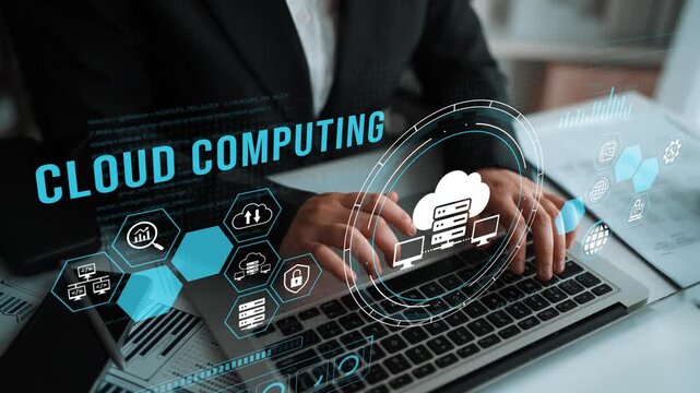 Business Professional Engaging in Digital Cloud Computing Concept with Modern Technology Interface in Office Environment. Entropy.
