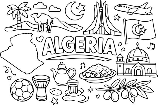 Algerien, Sehensw&uuml;rdigkeiten, Cartoon-Umrisse, handgezeichnete Linienkunst-Illustration, Doodle-Kunst-Malvorlage f&uuml;r Kinder