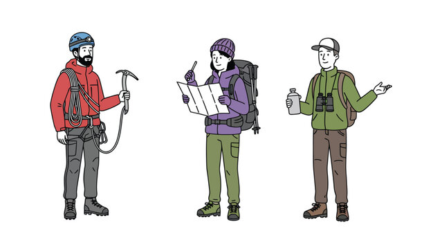 Three diverse hikers with various gear, including a climber, a map reader, and a person with binoculars, ready for outdoor adventure.