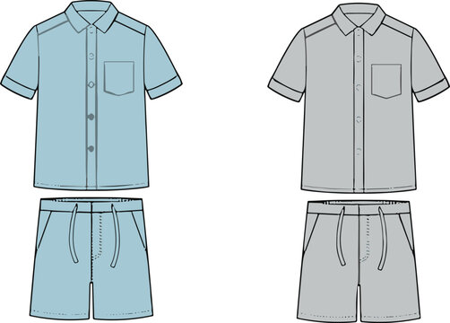 Detailed CAD Drawing Flat Vector Illustration of a Two-Piece Men's Casual Outfit, Featuring a Short-Sleeve Collared Shirt with Pockets and Drawstring Shorts, Perfect for Summer Fashion