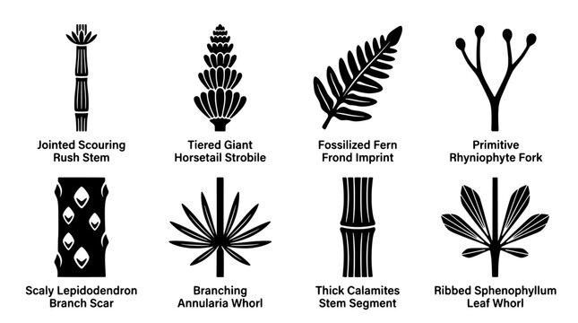 Minimalist prehistoric plant vector silhouette set. Ancient botanical specimens like horsetail, fern, and lepidodendron fossils perfect for educational posters, textbooks, research, and scientific.
