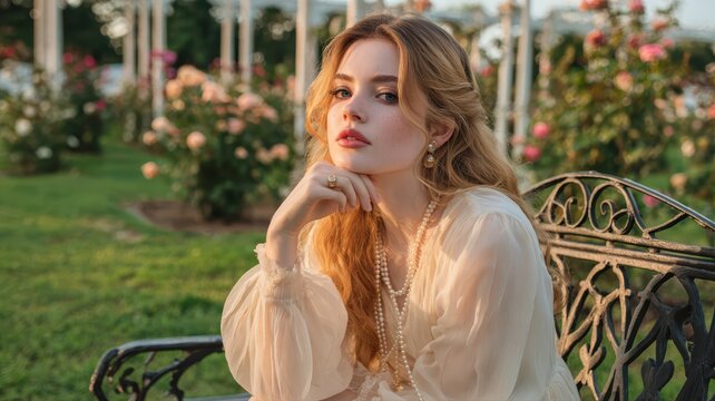young woman sitting in a park with flowers