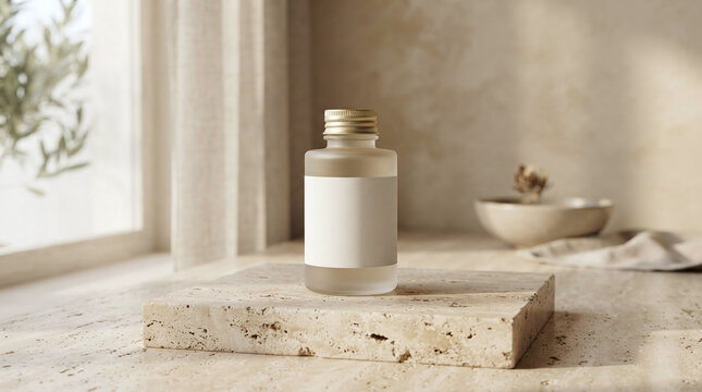 Frosted Glass Cosmetic Bottle Mockup on Travertine Stone Pedestal Minimalist Studio Shot