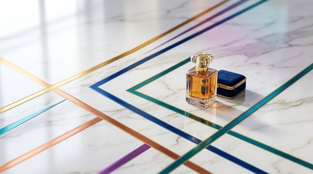 Elegant perfume bottle and velvet box on marble surface with geometric design