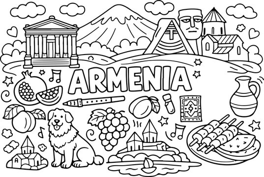 Armenien, Wahrzeichen, Cartoon-Umriss, handgezeichnete Linienkunst-Illustration, Doodle-Kunst-Malvorlage f&uuml;r Kinder