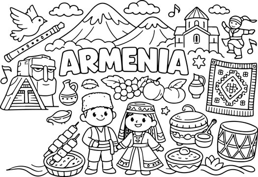 Armenien, Wahrzeichen, Cartoon-Umriss, handgezeichnete Linienkunst-Illustration, Doodle-Kunst-Malvorlage f&uuml;r Kinder