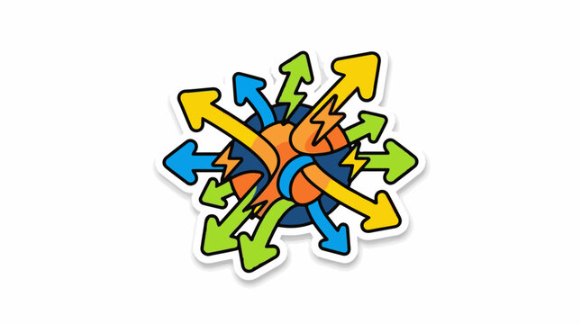 Abstract sphere with colorful arrows pointing outwards and inwards