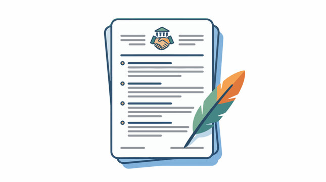 Agreement document with handshake icon feather quill and legal text