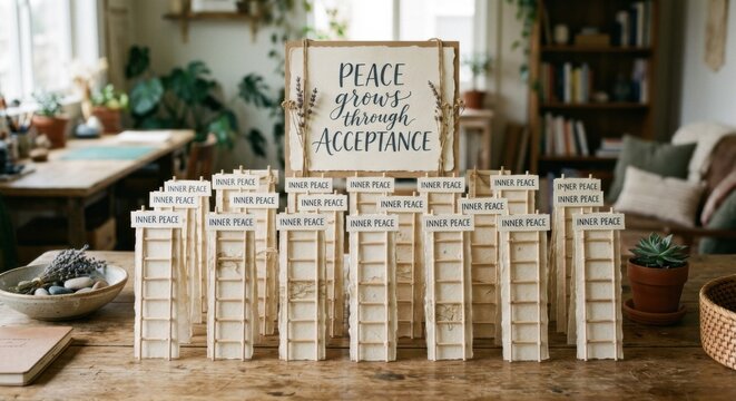 Peace Grows Through Acceptance Display With Inner Peace Labeled Wooden Structures