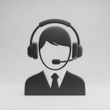 Professional customer service representative icon with headset and microphone in matte black 3d relief style isolated on light gray background