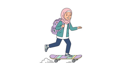 Girl with Hijab Rides Skateboard with Backpack