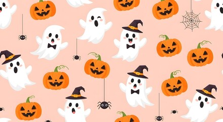 Naklejka premium Seamless halloween pattern with cute ghosts, jackolanterns, spiders, and webs on a light peach background
