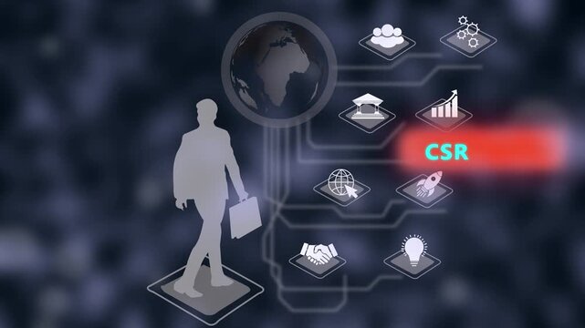 Corporate social responsibility csr concept animation featuring business silhouette with global network and digital brain growth strategy for sustainable ethical business growth