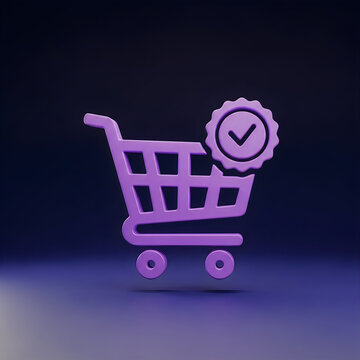 Purple shopping cart icon with check mark symbol floating in dark space representing successful transaction and secure online checkout process