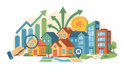 Fototapeta premium Analyzing property market growth with houses charts and magnifying glass