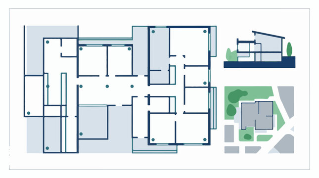 Architectural floor plan with elevation view and site map