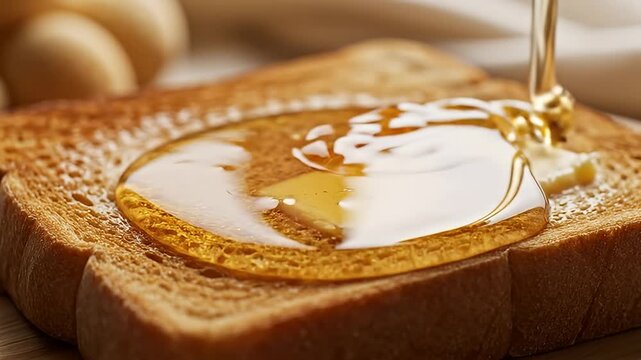 Golden honey drips onto crispy toast with a pat of butter.
