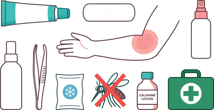First Aid and Insect Bite Treatment Icon Set with Calamine Lotion Ointment Tube Ice Pack Mosquito Repellent Tweezers and Bandage Vector