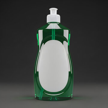 Green dish soap bottle with white cap and empty blank label on dark grey background for cleaning products branding and household supplies mockup