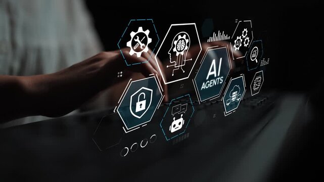 Hands Typing on Keyboard with AI Agents Interface Displaying Digital Icons and Data Visualizations Representing Technology and Innovation in the Future. Entropy.