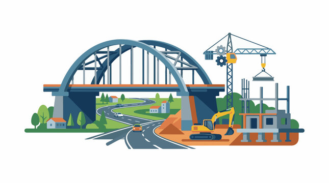 Bridge construction with highway excavator and crane