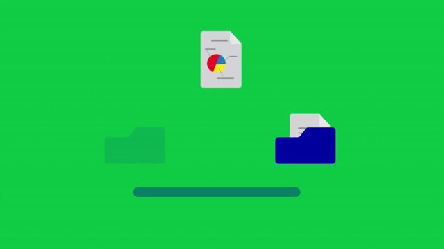 Animation of document transfer, representing file migration, document sharing, synchronization, and digital file management, Green screen background for chroma key compositing